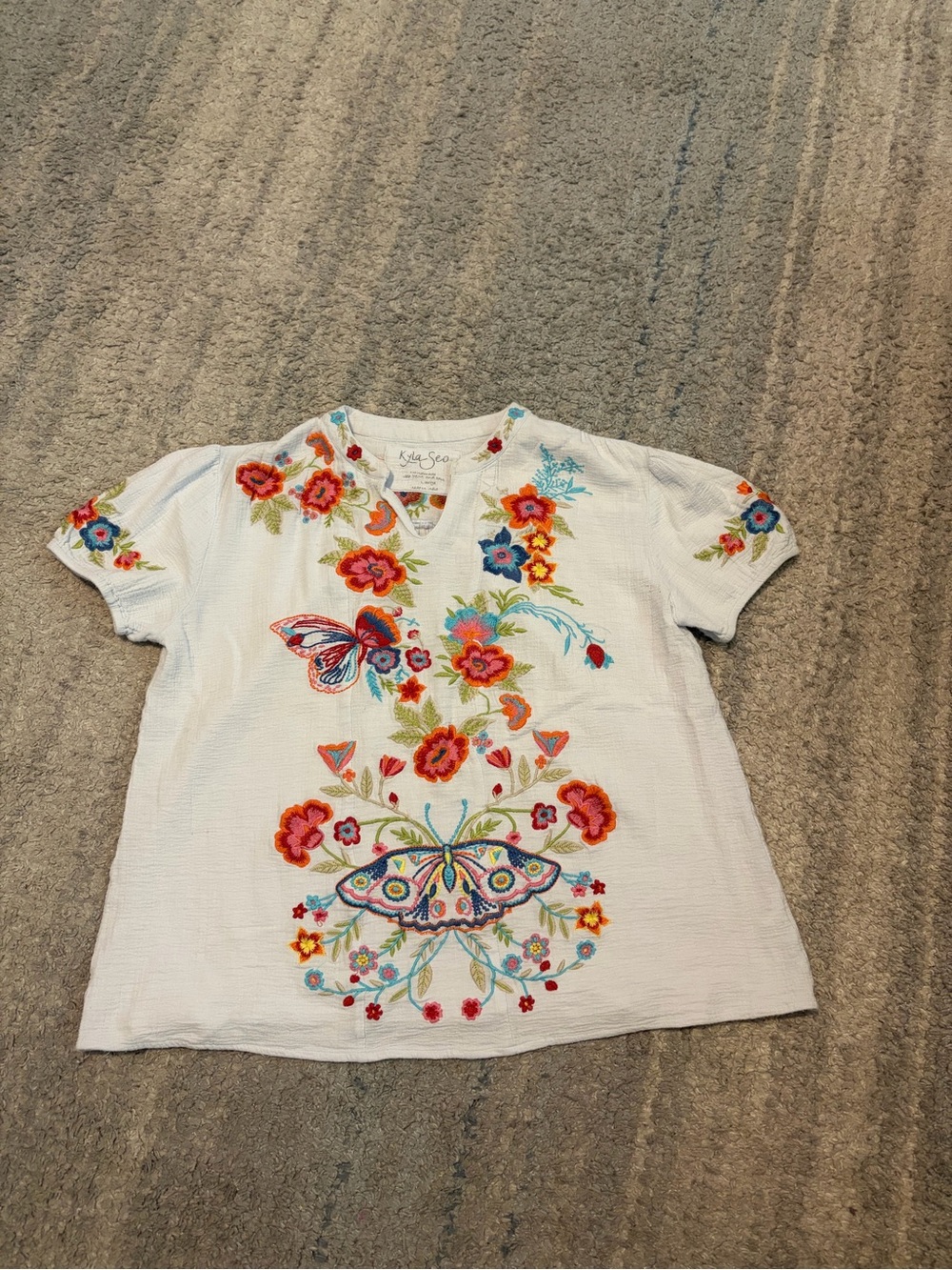 Kyla Seo Women Large Boho Embroidered Butterfly Cotton Gauze Top Blouse Short Sl